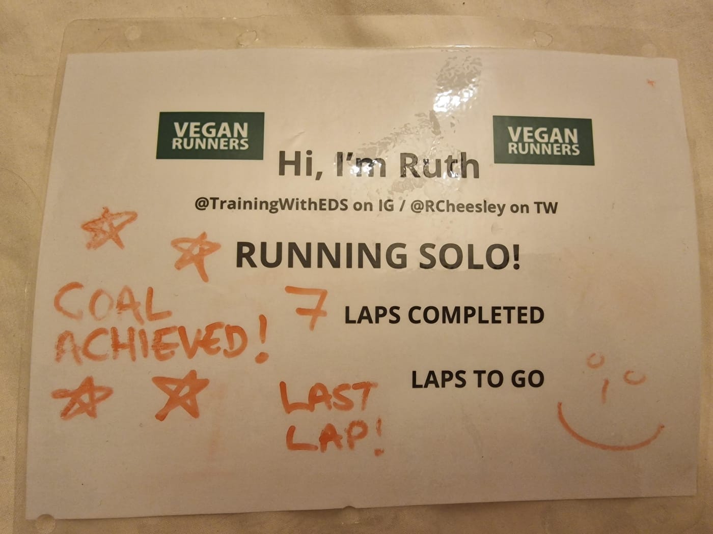 Photo of a laminated sign saying 'Hi I'm Ruth, running solo, 7 laps completed, 0 laps to go with 'Goal achieved' and 'Last lap' written in red pen and vegan runners logos on the top.