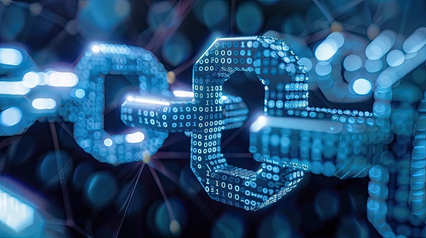 A 3d rendering of a chain constructed of 0's and 1's representing data.