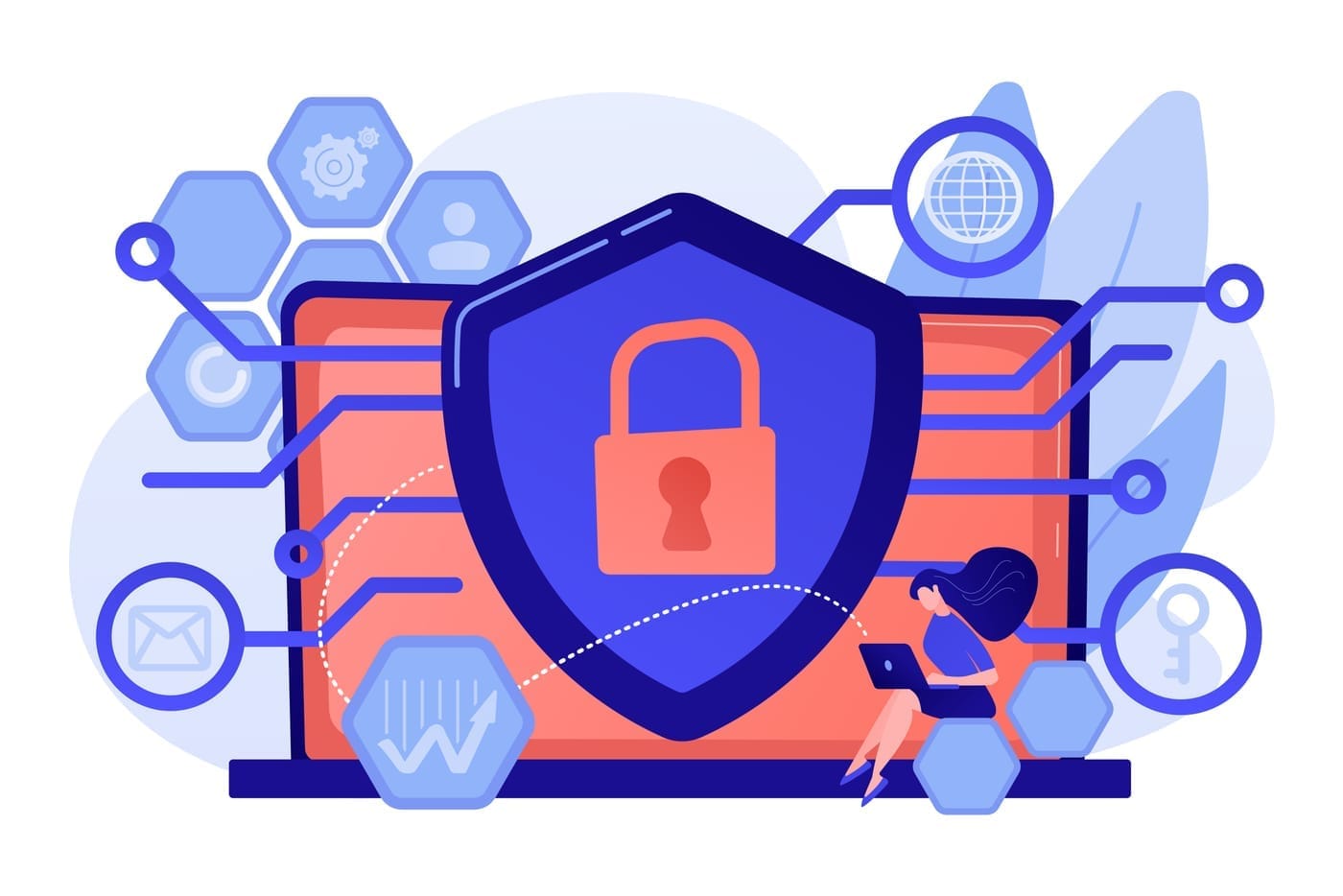 An illustration of a padlock in red in the centre with a blue shield surrounding it, and smaller hexagonal icons containing illustrations of an envelope, chart, key, person, and other relevant figures.