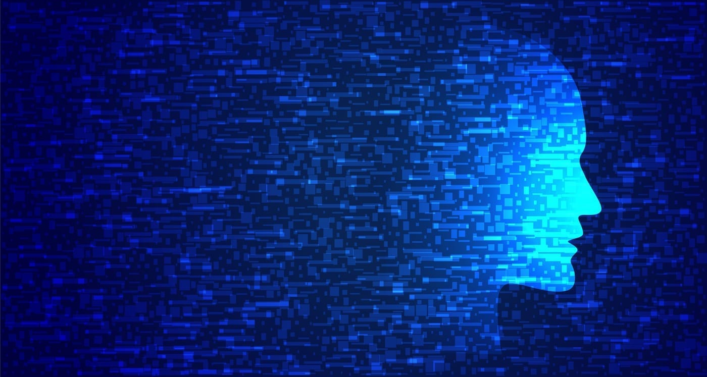  Blue technology face in glitch style, disappearing from a strong white colour on the right into small bits in pale white on the left