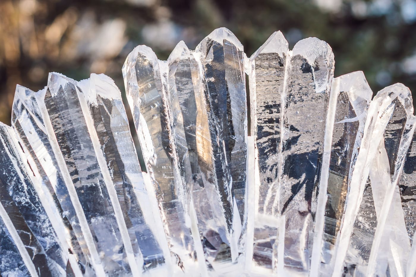 A photo of several clear crystals growing out from a central point.