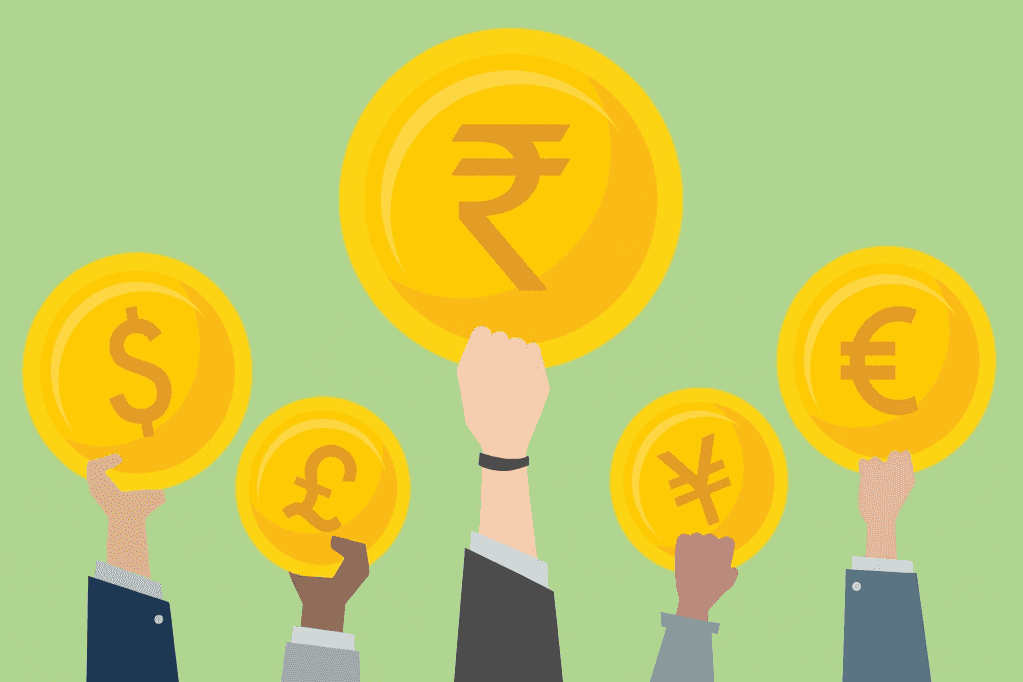 Illustration of different hands holding up coins with different currency symbols on them.
