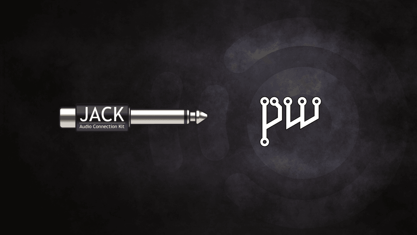 JACK and Pipewire logos superimposed on the Ubuntu Studio wallpaper