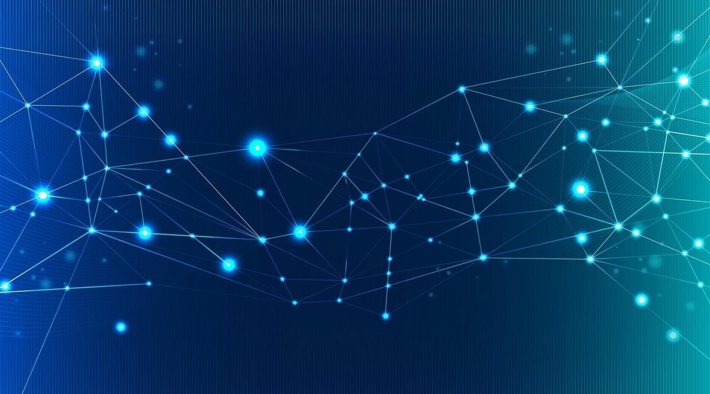 Illustration of a complex network connected by multiple small dots on a dark blue gradient background