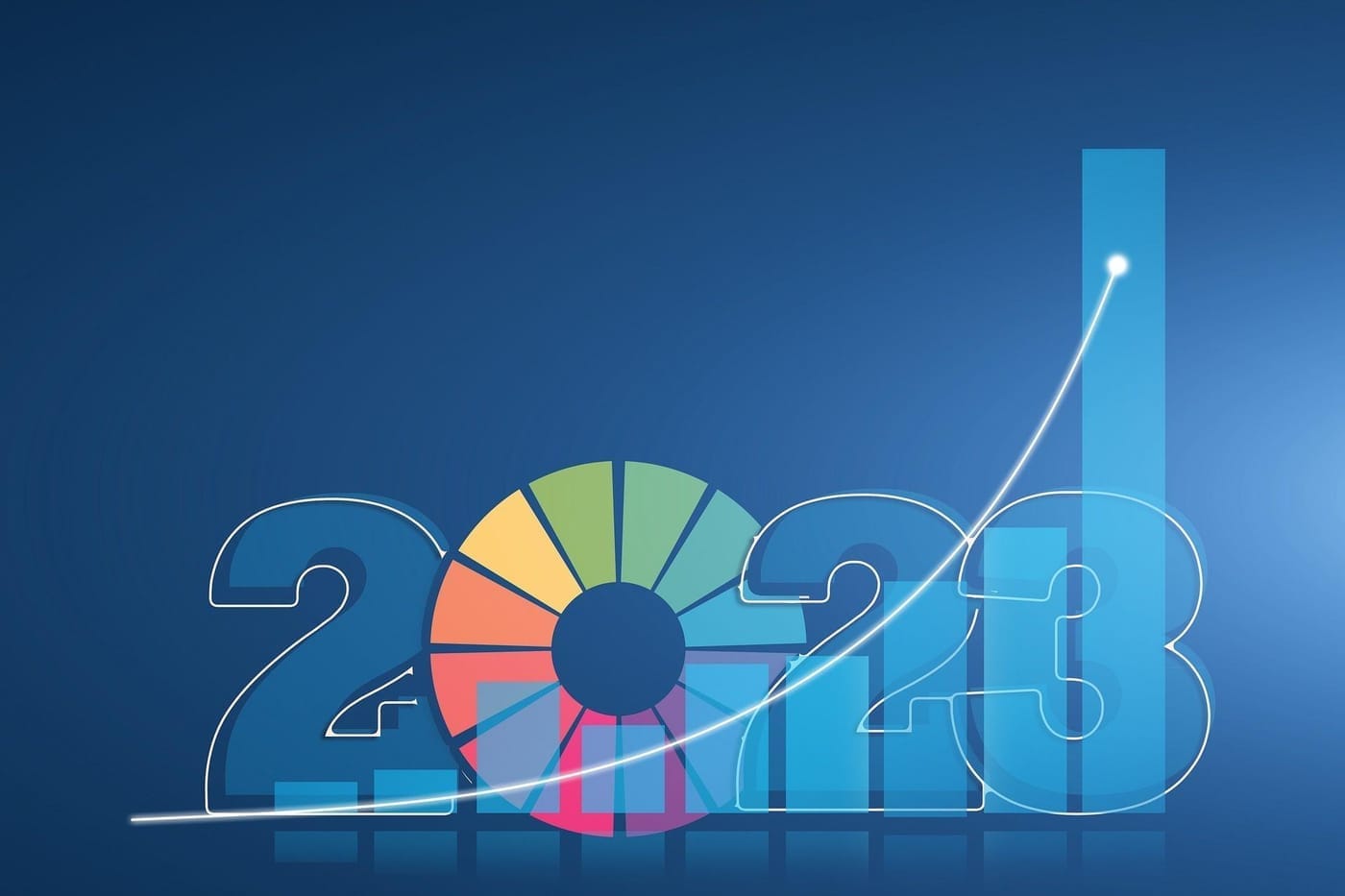Image of 2023 with the 0 as a multi colour donut pie chart and a logarithmically increasing bar chart behind the numbers with a white arrow showing the trend up and to the right.