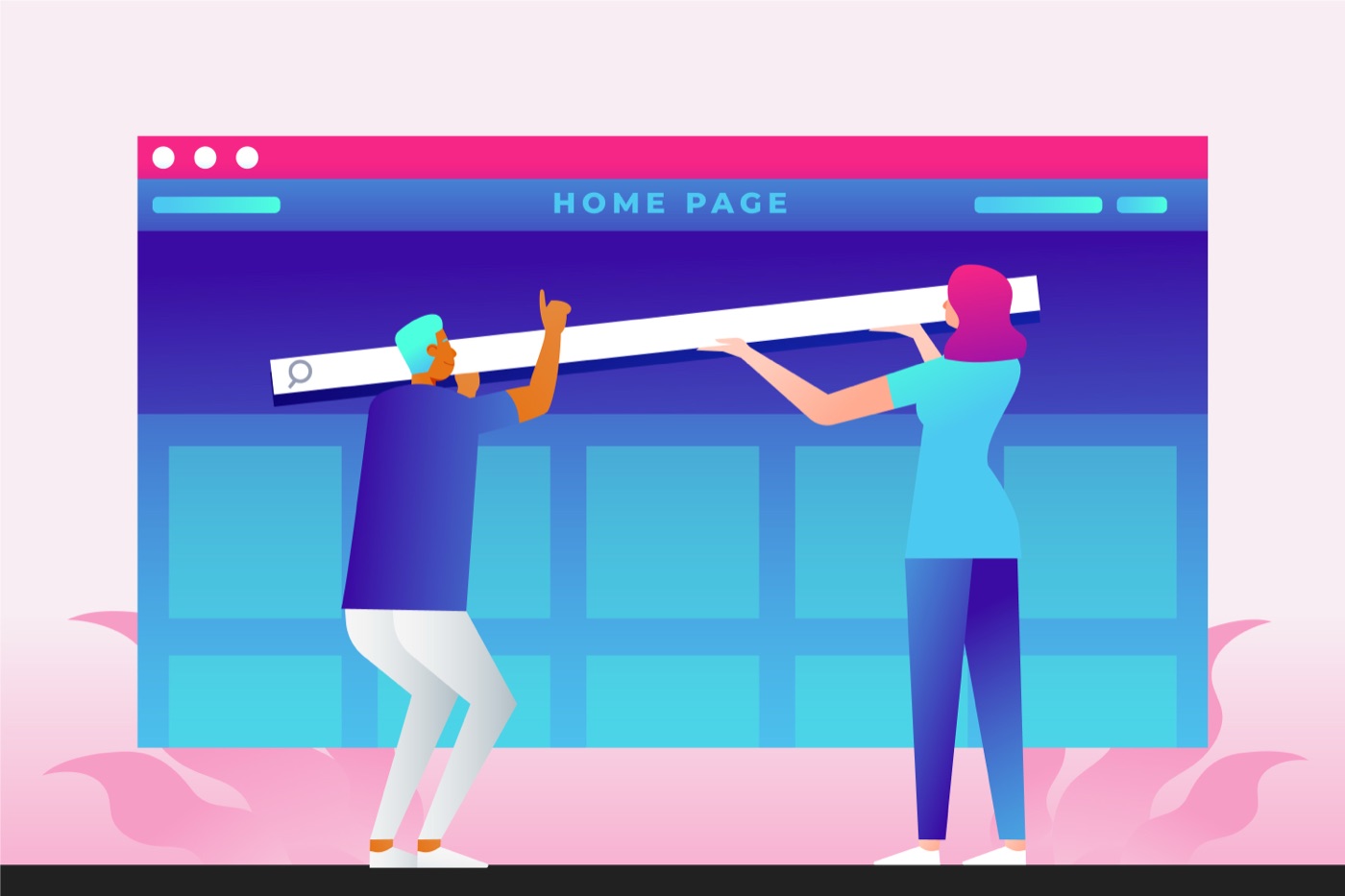 A flat illustration of two people building a website: one lifts a long search bar up to the other, who slots it into a browser window labelled Home Page.